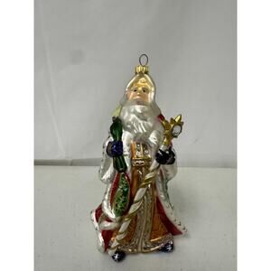 Vintage Fitz and Floy Glass Glitter Santa with Presents Christmas Ornament